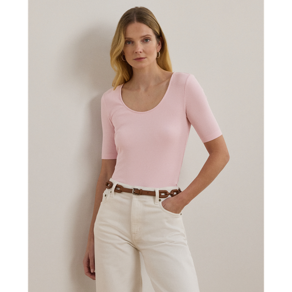 Ralph Lauren Rib-knit Cotton-blend Elbow-sleeve Tee In Hint Of Pink