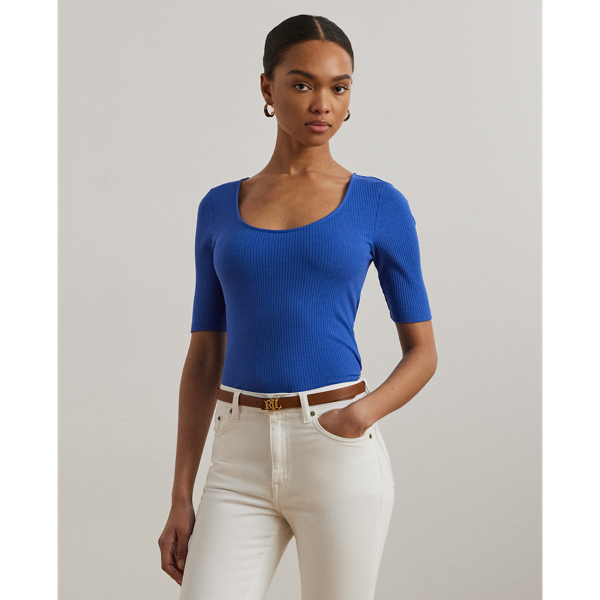 Ralph Lauren Rib-knit Cotton-blend Elbow-sleeve Tee