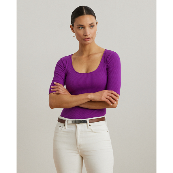 An elevated essential, this scoopneck tee with elbow-length sleeves features a slim fit and a soft, stretch-cotton blend construction. A tonal "LRL"-embroidered logo at the hem adds a subtle signature finish.