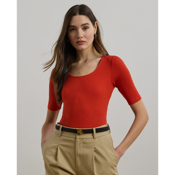 An elevated essential, this scoopneck tee with elbow-length sleeves features a slim fit and a soft, stretch-cotton blend construction. A tonal "LRL"-embroidered logo at the hem adds a subtle signature finish.