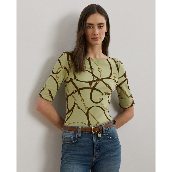 RALPH LAUREN BELTING-PRINT COTTON-BLEND BOATNECK TEE 