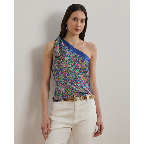 Shop Ralph Lauren Paisley Twill One-shoulder Blouse In Blue Multi