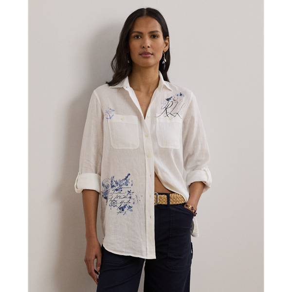 Ralph Lauren Relaxed Fit Print Roll-tab Sleeve Shirt In White