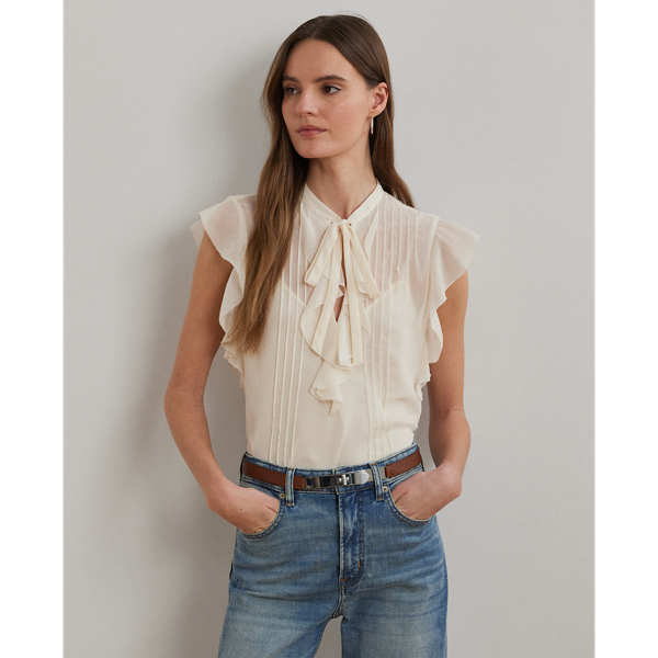 Ralph Lauren Pintucked Georgette Tie-neck Blouse