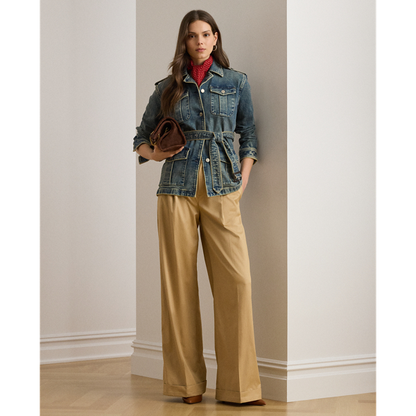 Pleated Cotton Twill Wide-Leg Trouser - Lauren - Modalova