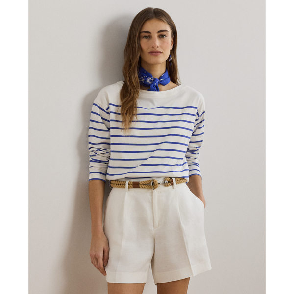 Yarn-dyed horizontal stripes punctuate the relaxed-fitting silhouette of this boatneck top, which is made with breathable cotton jersey for a soft hand feel. Lauren's signature embroidered logo on the hem completes the look.