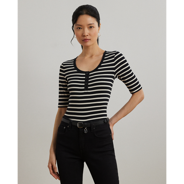 Rib-knit from soft stretch-infused cotton, this slim-fitting Henley top is characterised by elbow-length sleeves and yarn-dyed horizontal stripes. An "LRL"-embroidered logo and "LRL"-engraved buttons add a signature finish.