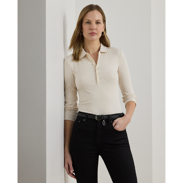 Ralph Lauren Rib-knit Three-quarter-sleeve Polo Shirt In White