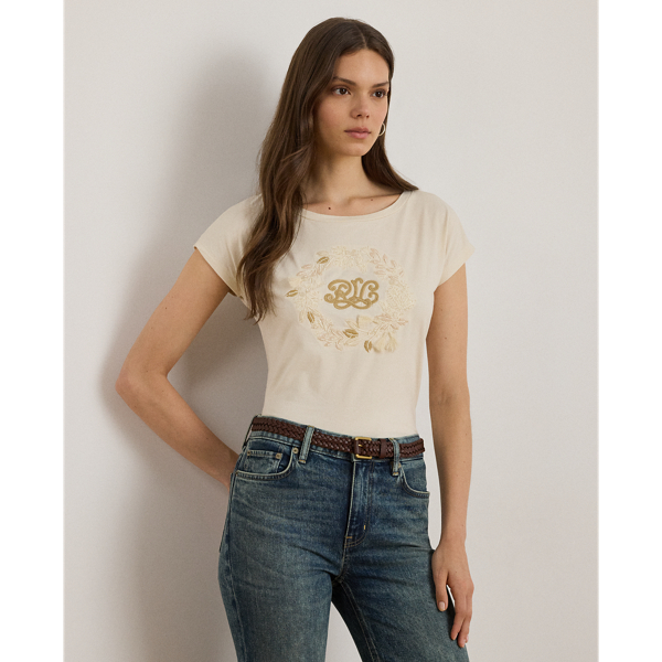 Floral embroidery and Lauren's signature logo centre this boatneck tee, which is made with breathable cotton jersey for a soft feel.