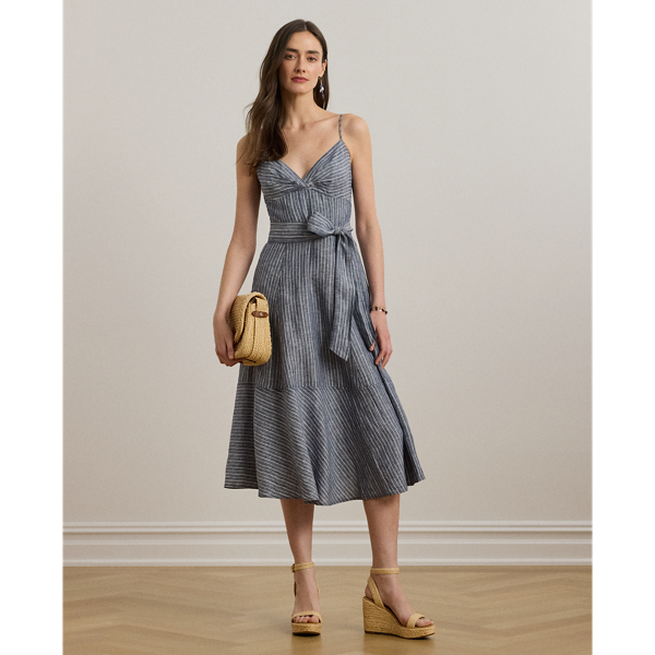 Robe sans manches rayée ceinturée en lin - Lauren - Modalova