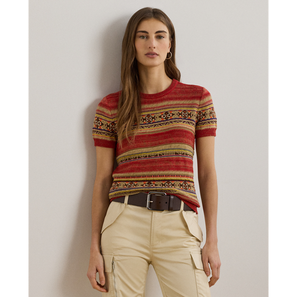 Ralph Lauren Geo-striped Short-sleeve Sweater In Red