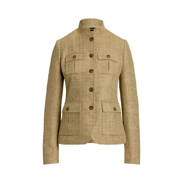 A sophisticated layer, this jacket unites a textured herringbone linen construction with surplus-inspired design elements, including a band collar, signature horn-effect buttons and box-pleated patch pockets.