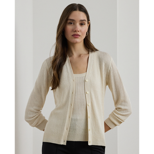 Crafted from a lightweight linen blend, this essential V-neck cardigan is rib-knit for rich dimension. "Lauren  Ralph Lauren Lauren"-engraved imitation pearl buttons add a signature finish.