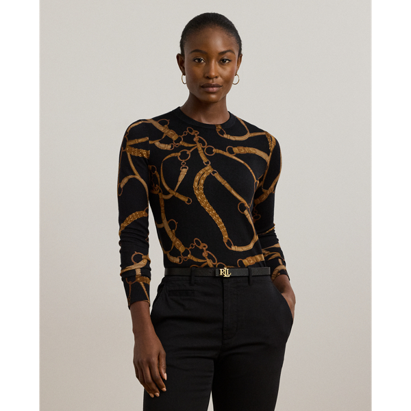 Made with a soft cotton blend for a comfortable feel, this slim-fitting crewneck jumper showcases the season's equestrian-inspired belting print.