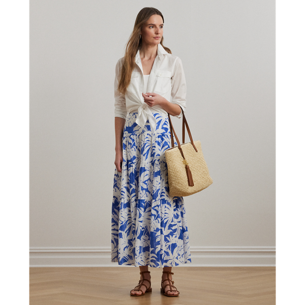 Palm-Frond-Print Voile Tiered Skirt - Lauren - Modalova