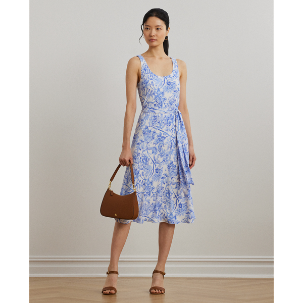 Ralph Lauren Floral Belted Crepe Sleeveless Dress In White/blue