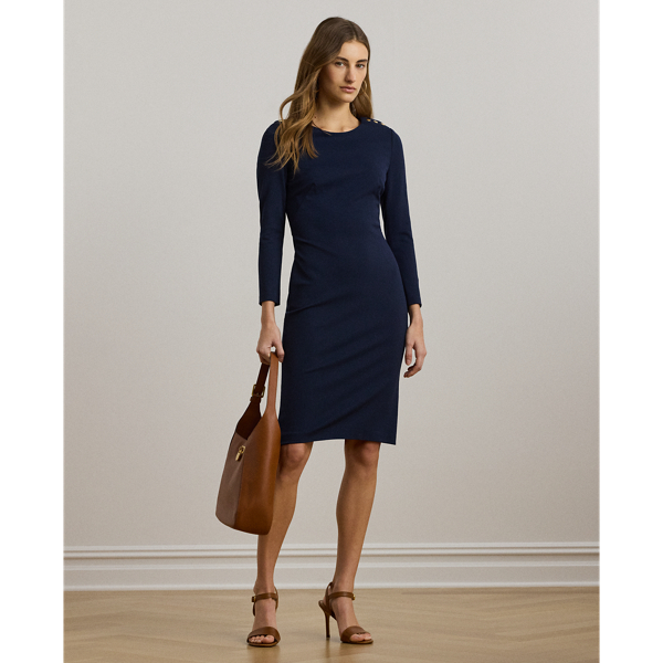 Embellished with "LRL"-engraved snaps on the shoulders, this sophisticated dress features a body-skimming sheath silhouette crafted from smooth ponte.