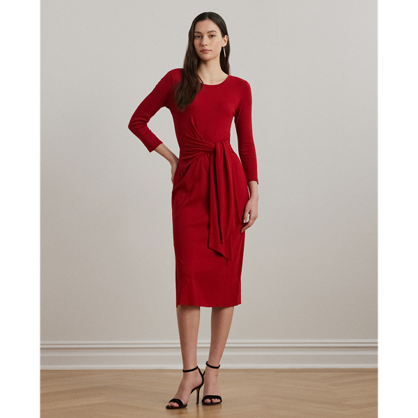 Ralph Lauren Tie-front Cotton-blend Crewneck Dress In Red