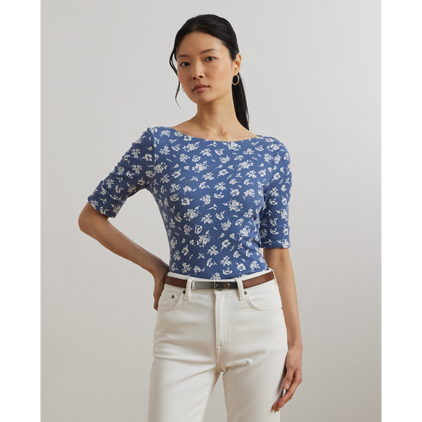 T-shirt encolure bateau fleuri en coton - Lauren - Modalova
