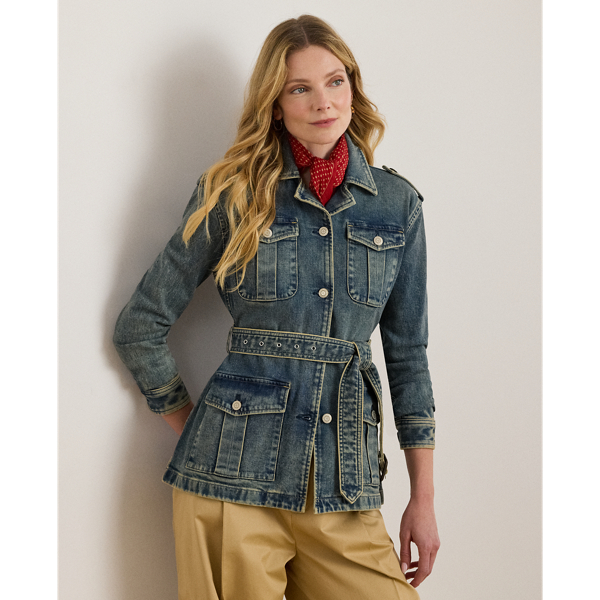 Perfect for transitional dressing, this version of the field jacket combines a lightweight denim construction with surplus-inspired design details, including buttoned shoulder epaulettes and patch pockets. A belted waist with a faux leather-wrapped buckle enhances its streamlined silhouette.