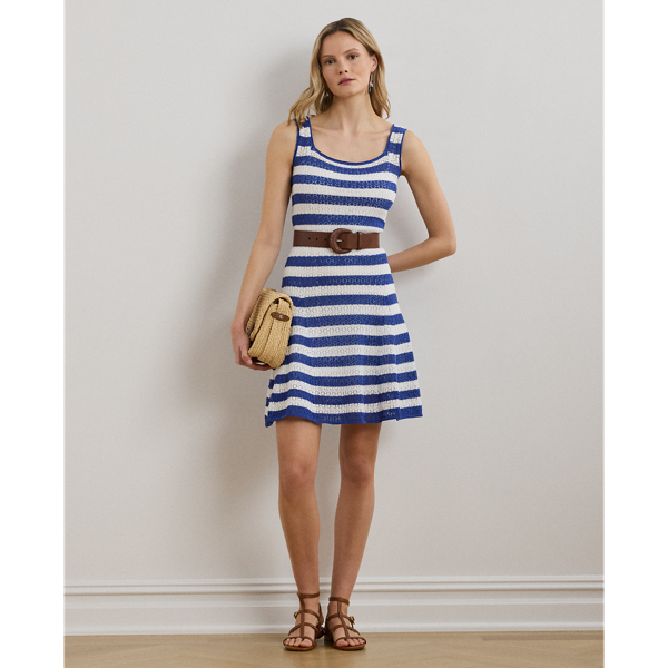 Ralph Lauren Striped Pointelle-knit Sweater Dress In Blue