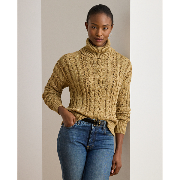 Ralph Lauren Metallic Cable-knit Turtleneck Sweater In Multi