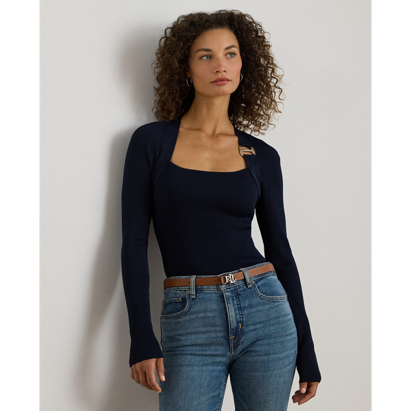 Modern elegance defines this jumper, which features a rib-knit construction, a square neckline and an equestrian-inspired buckle embellishment at the left shoulder.