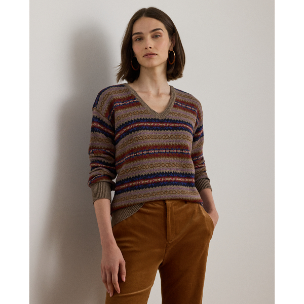 Ralph Lauren Womens Fair Isle V Neck Sweater P Xs Xxl In Brown
