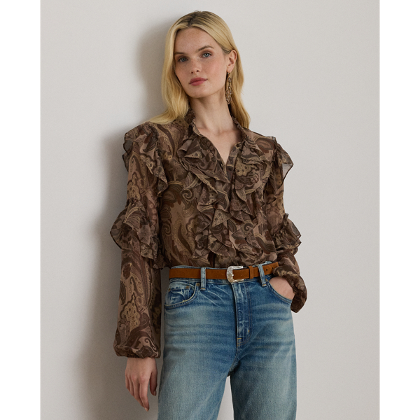 Ralph Lauren Paisley Ruffle-trim Chiffon Blouse In Multi