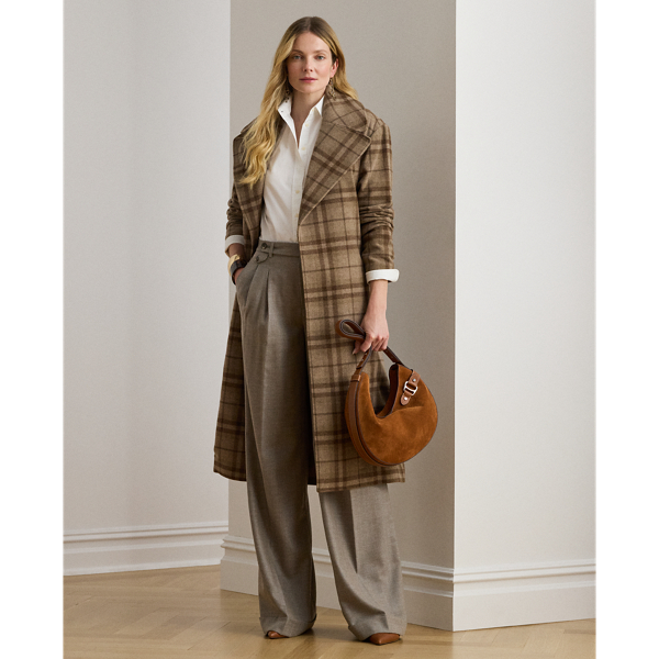 Ralph Lauren Pleated Wool Herringbone Wide-leg Pant In Gray