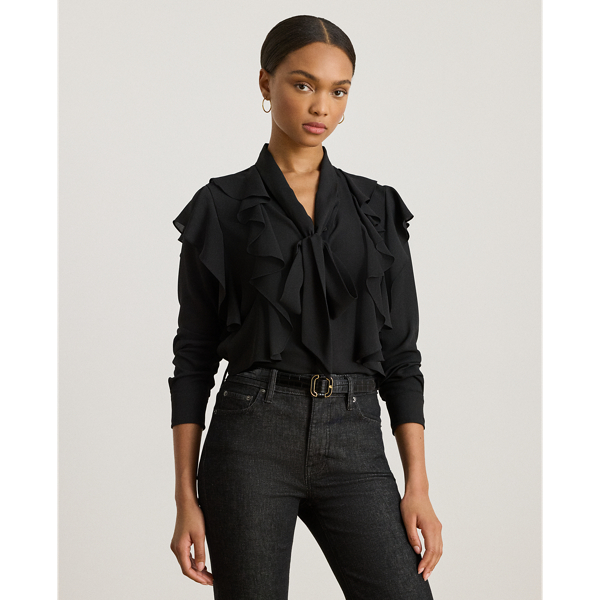 Ralph Lauren Ruffle-trim Georgette Tie-neck Blouse In Black