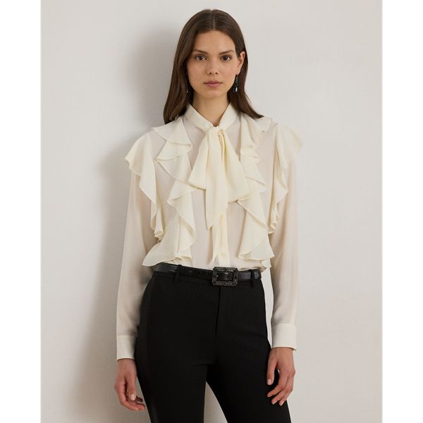 Ralph Lauren Ruffle-trim Georgette Tie-neck Blouse In White