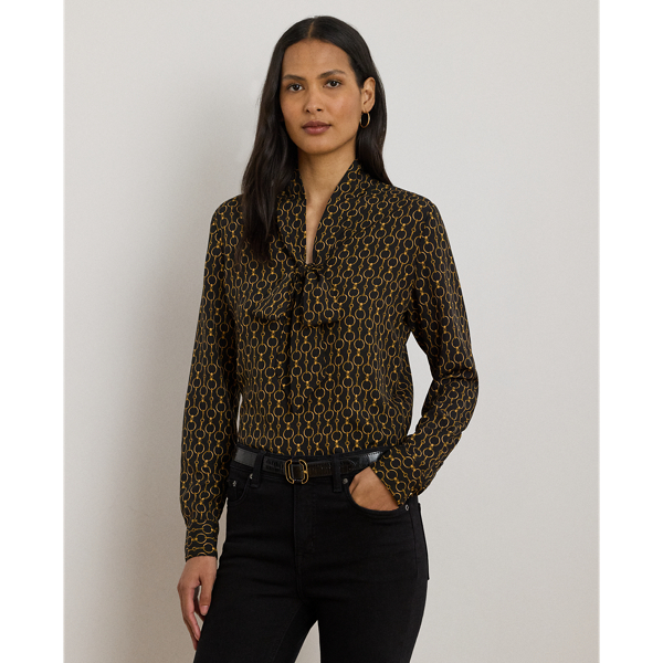 Ralph Lauren Chain-print Crepe Tie-neck Blouse In Brown