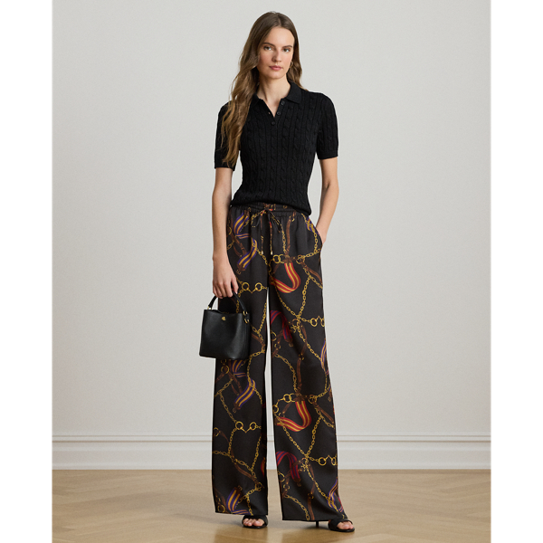 Ralph Lauren Belting-print Charmeuse Wide-leg Pant In Multi