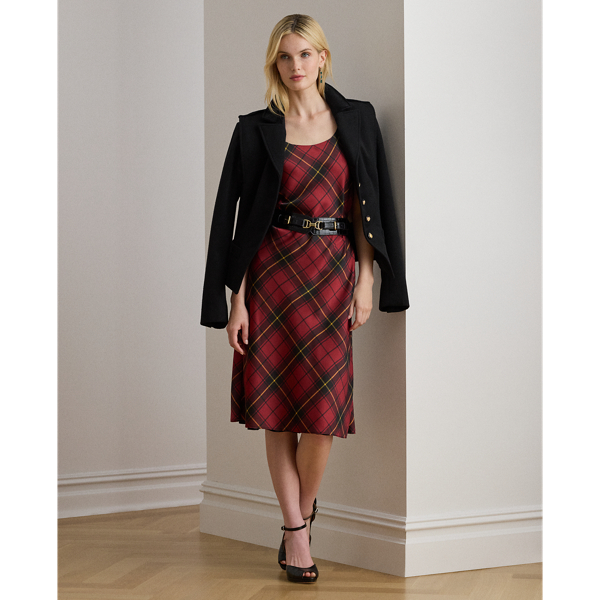 Ralph Lauren Plaid Satin Sleeveless Cocktail Dress In Red