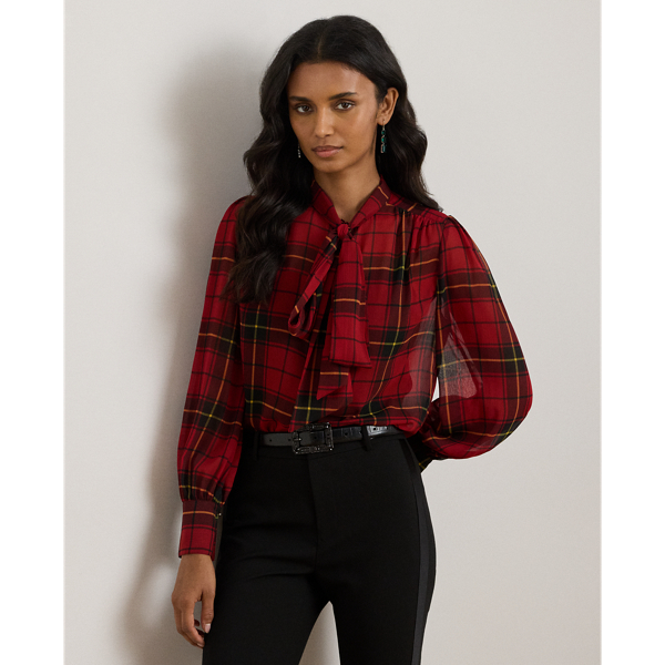 Ralph Lauren Checked Plaid Georgette Tie-neck Blouse In Red