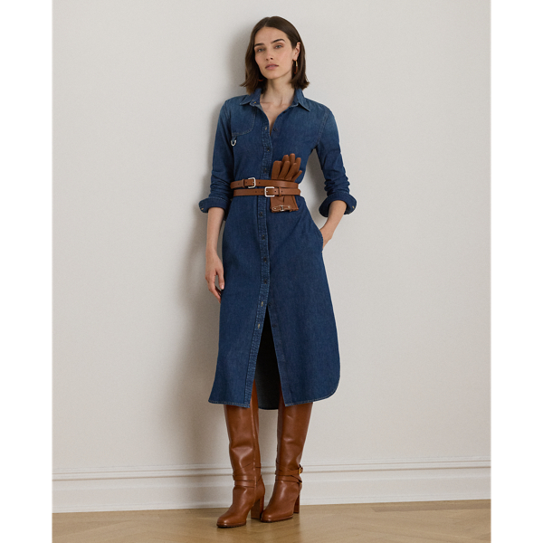 Ralph Lauren Horsebit-trim Belted Denim Shirtdress In Blue