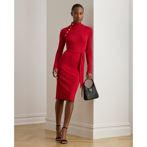 Ralph Lauren Button-trim Rib-knit Mockneck Dress In Red