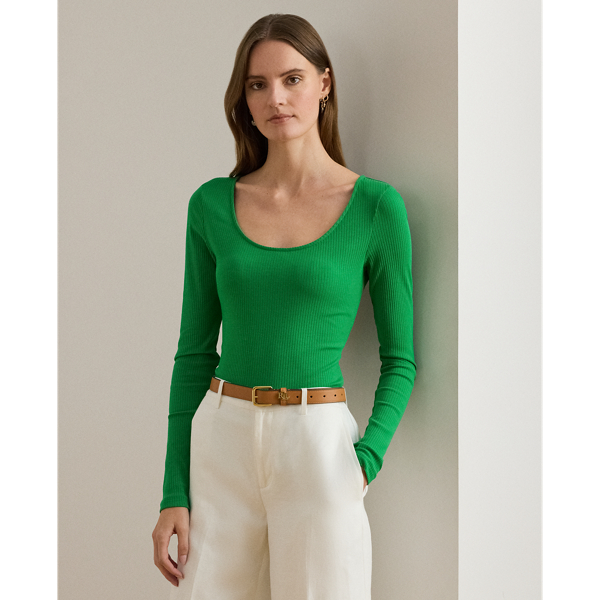 Ralph Lauren Rib-knit Long-sleeve Scoopneck Tee In Green