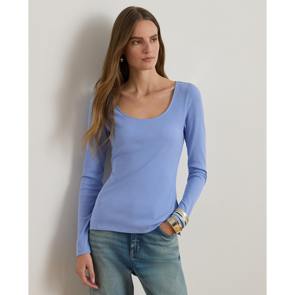 Ralph Lauren Rib-knit Long-sleeve Scoopneck Tee In Blue