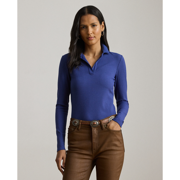 Ralph Lauren Rib-knit Long-sleeve Polo Top In Blue