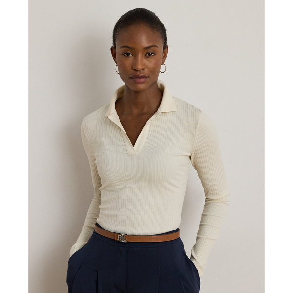Ralph Lauren Rib-knit Long-sleeve Polo Top In White