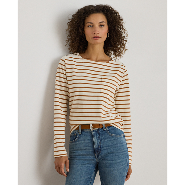 Ralph Lauren Womens Striped Jersey Snap Trim Boatneck Top P Xs Xxl In Neutral