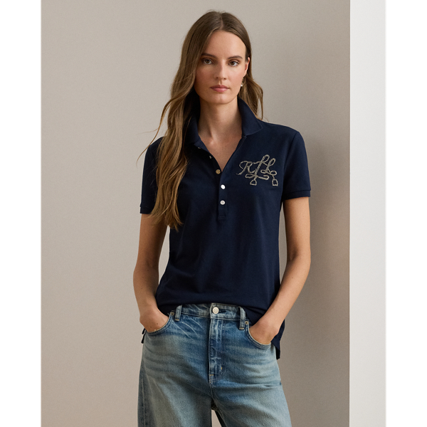 Ralph Lauren Beaded-logo Cotton Piqué Polo Shirt In Blue