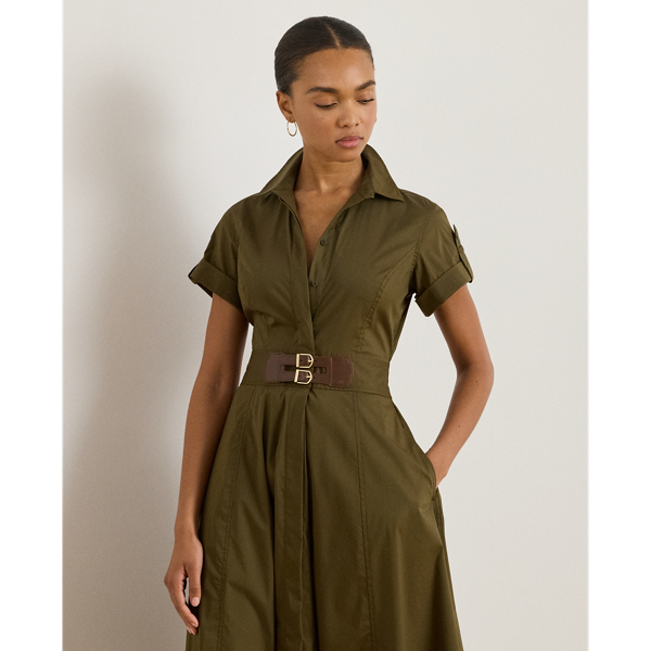 With two faux-leather buckled tabs at the waist, a spread collar and roll-tab sleeves, this fit-and-flare dress balances sophistication with effortless style. Detailed with "Lauren Ralph Lauren Lauren"-engraved buttons, this style is crafted with a lightweight stretch-cotton blend for a silky hand feel.