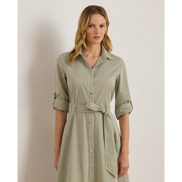 Yarn-dyed with slender vertical stripes, this iteration of Lauren Ralph Lauren Lauren's roll-tab-sleeve shirtdress is crafted with lightweight cotton broadcloth for a tailored look. A belted waist enhances this style's fit-and-flare silhouette, while signature buttons add an iconic finish.