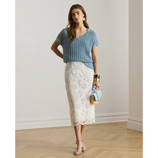 Paisley-Eyelet Cotton Midi Pencil Skirt