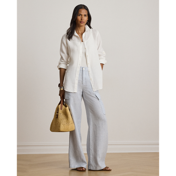 Ralph Lauren Pinstripe Linen Wide-leg Cargo Pant In Blue Multi