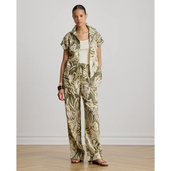 Palm Frond-Print Linen Wide-Leg Trousers