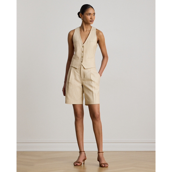Ralph Lauren Pleated Linen-cotton Tweed Bermuda Short In Tan/cream Multi